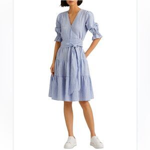 Lauren Ralph Lauren Gingham Fit & Flare Faux Wrap Linen Tiered Dress Size 16 NEW